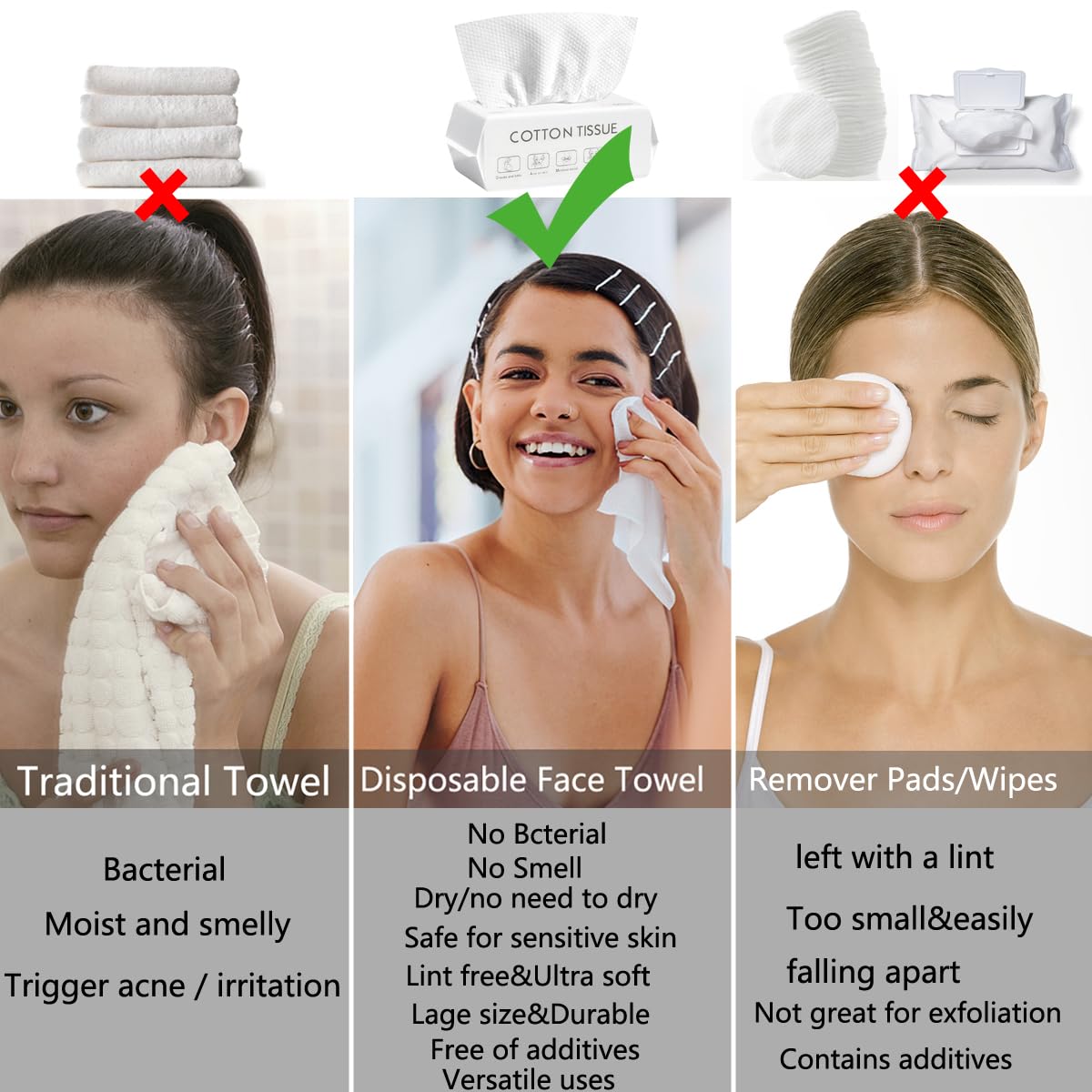 Disposable Face Towel, 100% Plant Cotton Fiber Biodegradable, Dry/Wet Use Facial Clean Washcloth Tissue Makeup Remover Cloth Pads Wipes for Sensitive Skin Cleaning,Travel (420 ct, 6 pack)