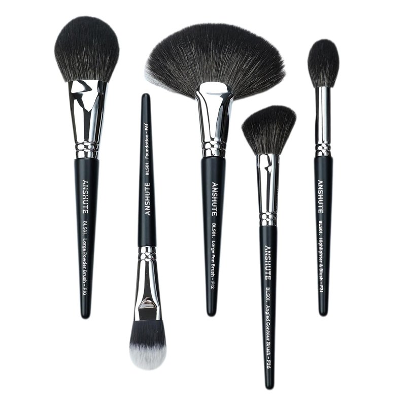5-Piece Natural Goat Hair Makeup Brush Set - Super Soft Face Brushes for Powder, Blush, Contour | Labeled Handles