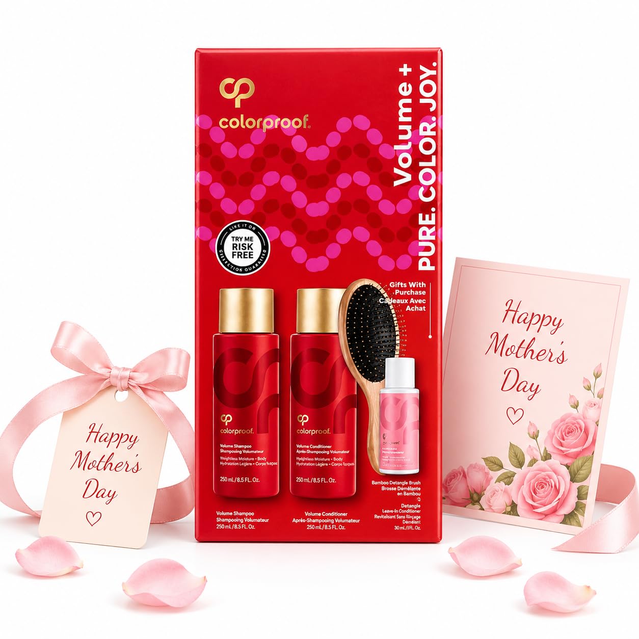 ColorProof Mothers Day Volumizing Gift Set | Relaxation Gifts For Women Hair Care | Complete Set With Volume Shampoo, Conditioner, Overnight Serum & Detangling Brush | Shower Gift Box For Women