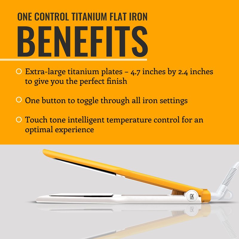 GK HAIR Global Keratin One Control Titanium Styling Flat Iron, 1.5 inches Wide Plates, Auto Shutoff, Professional Straightener, All Hair Types, 150C-232C