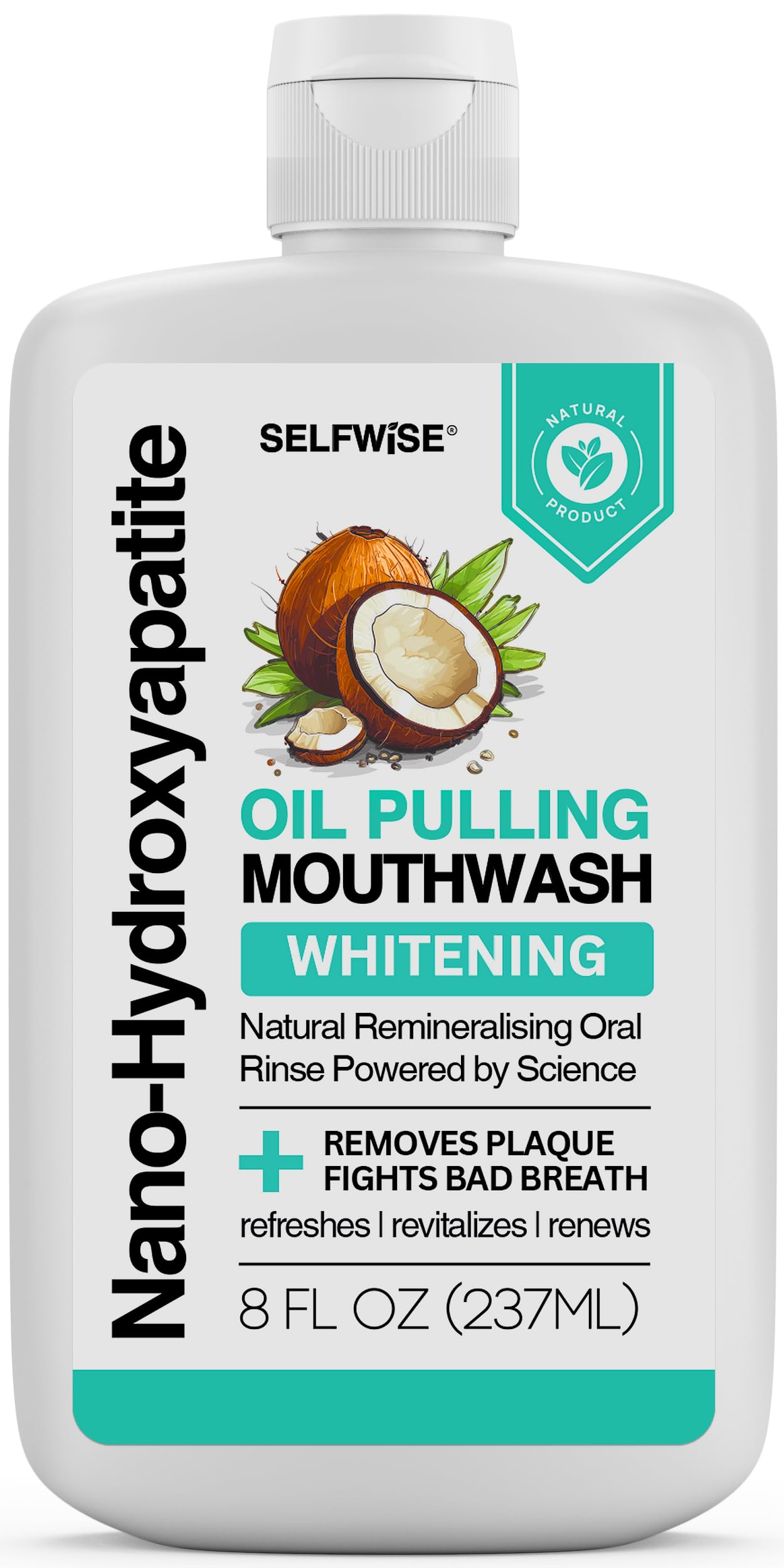 Nano-Hydroxyapatite Oil Pulling Whitening Mouthwash for Teeth and Gums, Natural & Organic, Whitens Teeth, Strengthens Enamel, Fights Bad Breath & Plaque – Smooth & Non-Greasy – for Adults & Kids 8oz