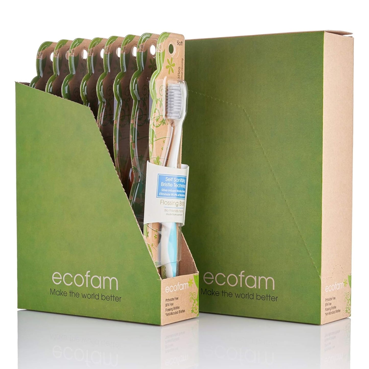 EcoFam Compostable Toothbushes, Dual Action Flossing Bristles, Silver Infused Soft Bristle Toothbrush, Natural Toothbrushes for Adults, Multi Color, 8-Pack