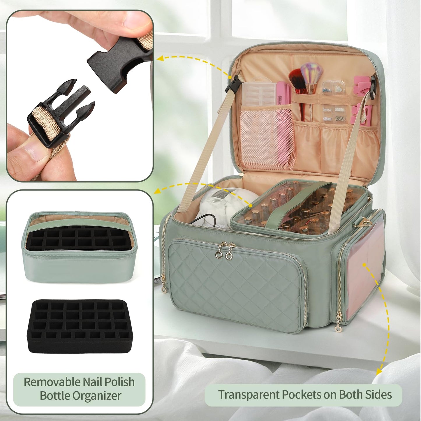 Bagmoly Nail Polish Organizer, Nail Polish Storage Holds 50-70 Bottles & Nail Lamp, Portable Travel Nail Kit Storage Carrying Case Fits Nail Suppiles, Gift for Manicurist, Grils (Green)