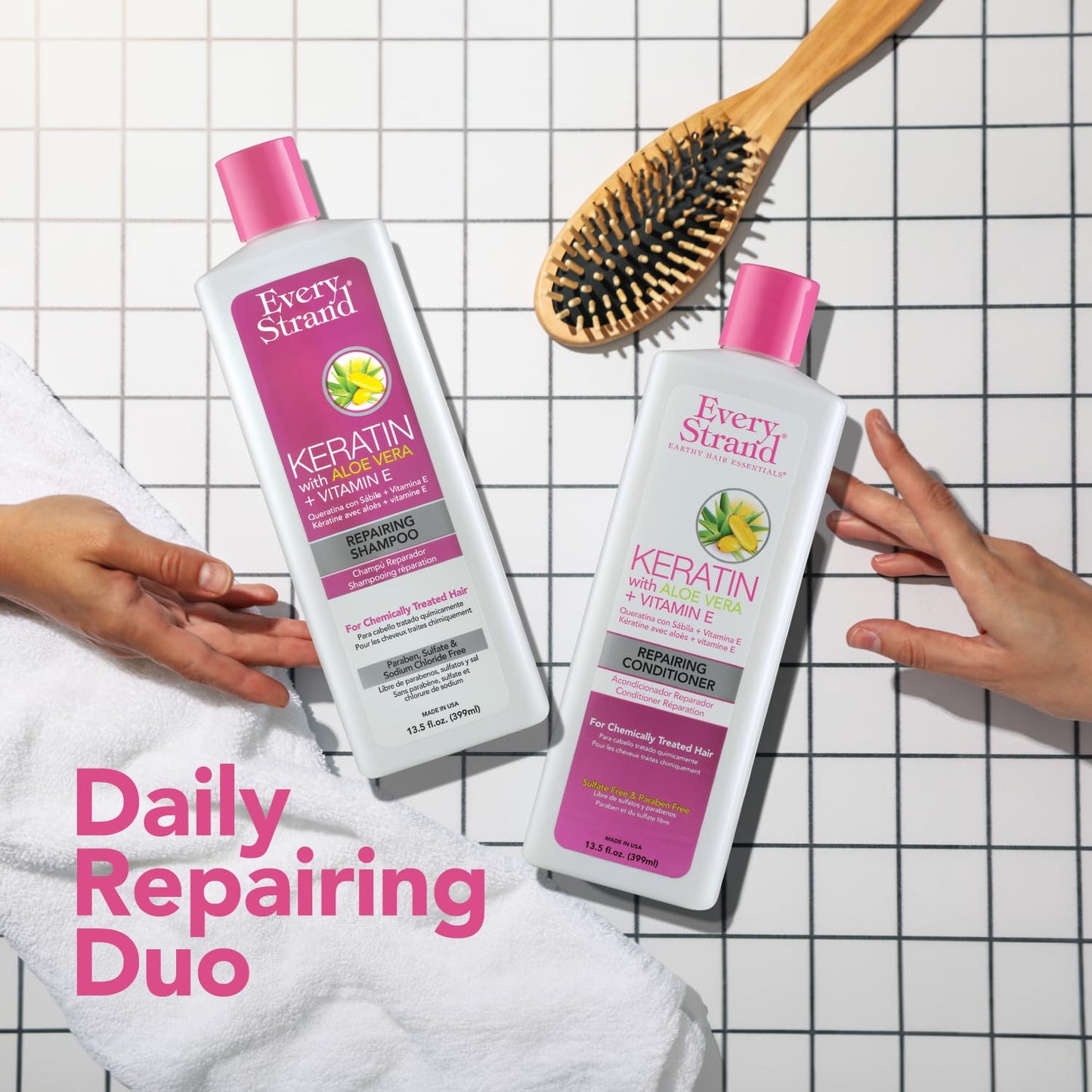 Every Strand Keratin Shampoo and Conditioner Set 13.5 oz, Sulfate Free Daily Duo for Chemically Treated and Damaged Hair, Infused with Keratin, Aloe Vera, and Vitamin E