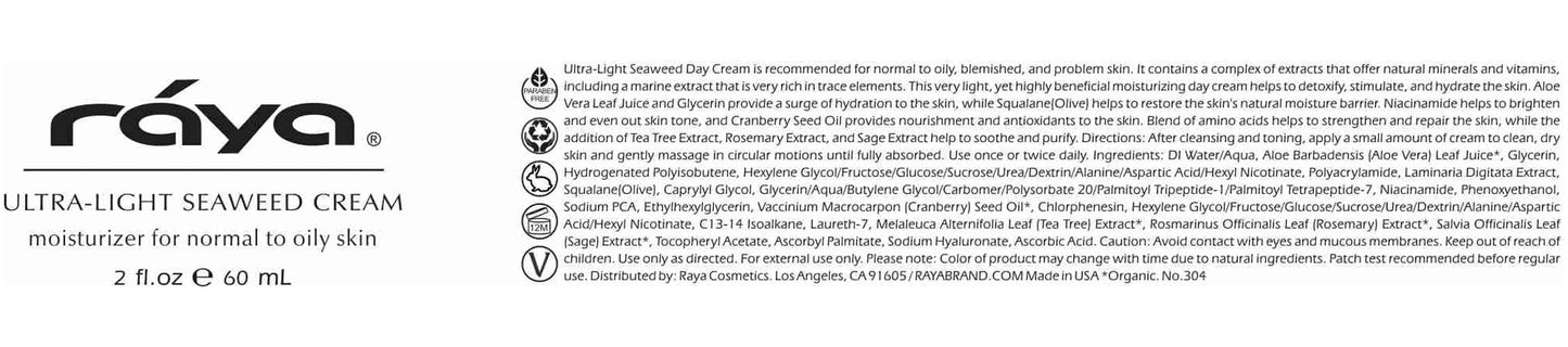Raya Ultra-Light Seaweed Cream (304) | Anti-Aging Moisturizer for Oily, Break-Out Skin | Hydrating Face Cream Reduces Fine Lines, Wrinkles | Best Facial Moisturizer for Dry, Aging Skin | Controls Oil