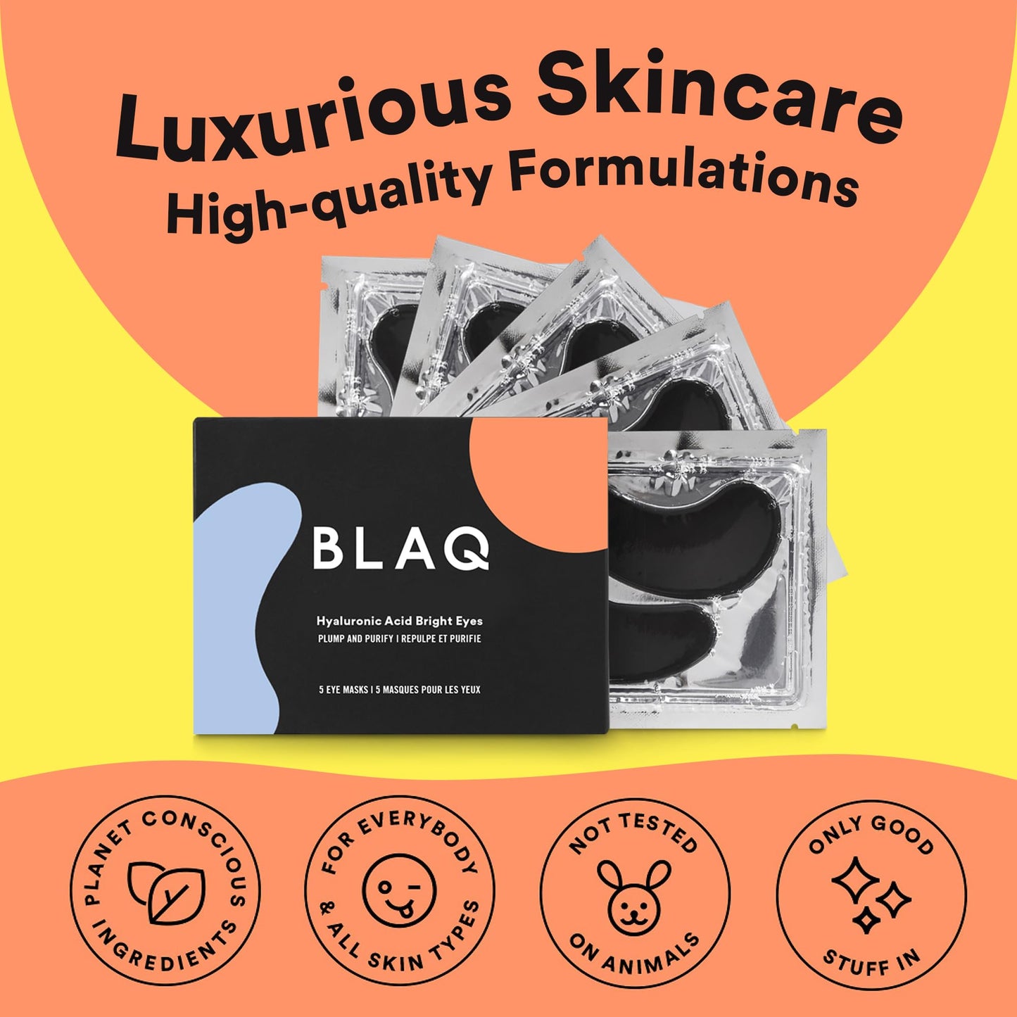 BLAQ Award Winning Eye Patches for under eye Dark Circles, Wrinkles and Puffiness. Hydrating and Cooling with detoxifying Charcoal, Dermatologically Tested, Vegan, Hyaluronic Acid, 5-Pairs