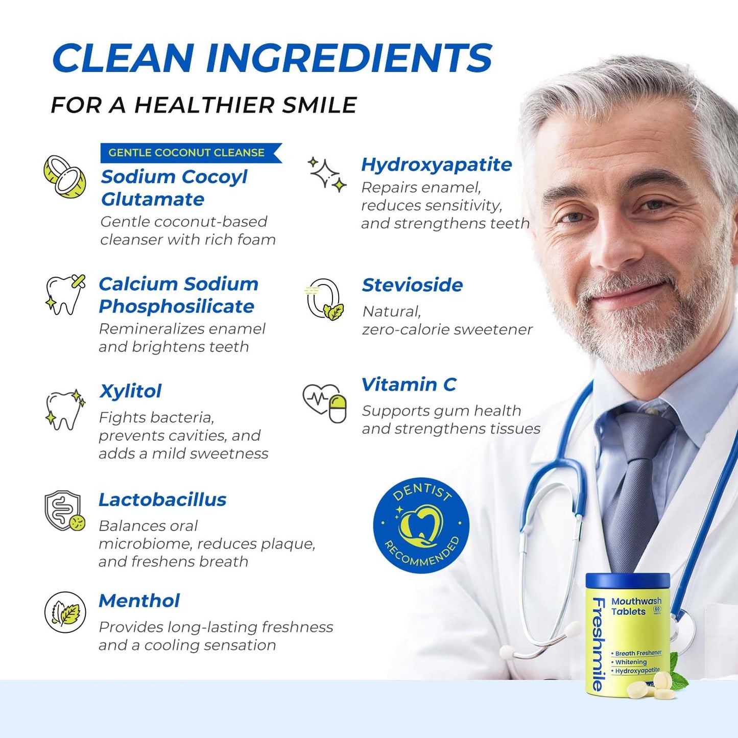 Freshmile Travel Mouthwash Tablets for Smokers - Fluoride & Alcohol-Free, Xylitol & Nano-Hydroxyapatite (NHA) for Bad Breath Treatment & Natural Whitening, Mint Flavor (60 Count)