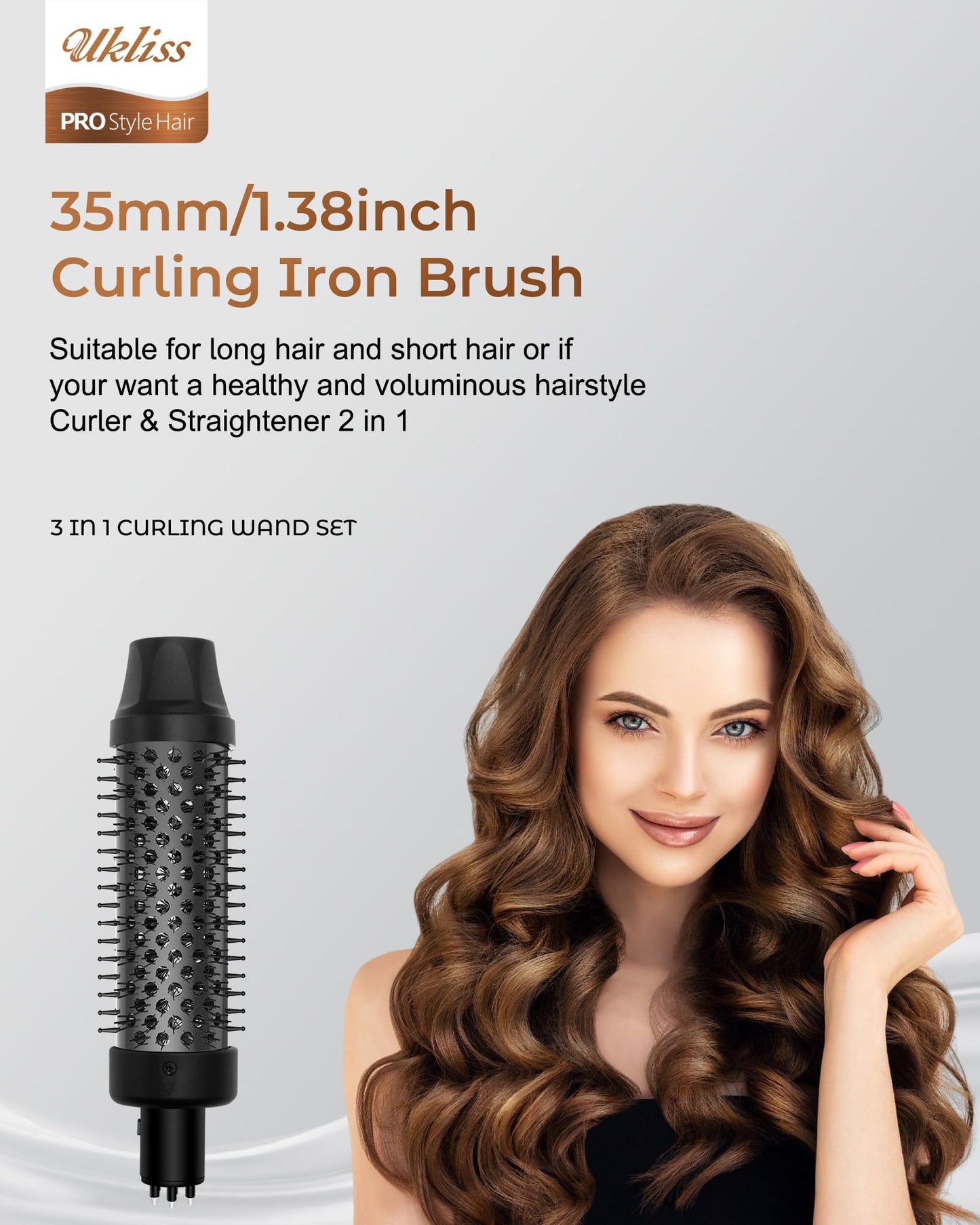 Ukliss 3 in 1 Curling Iron Set, Heated Round Brush for Straightening Curling Detangling, Ceramic Curling Wand for Versatile Styling, Dual Voltage Curling Iron Travel Friendly (Black)