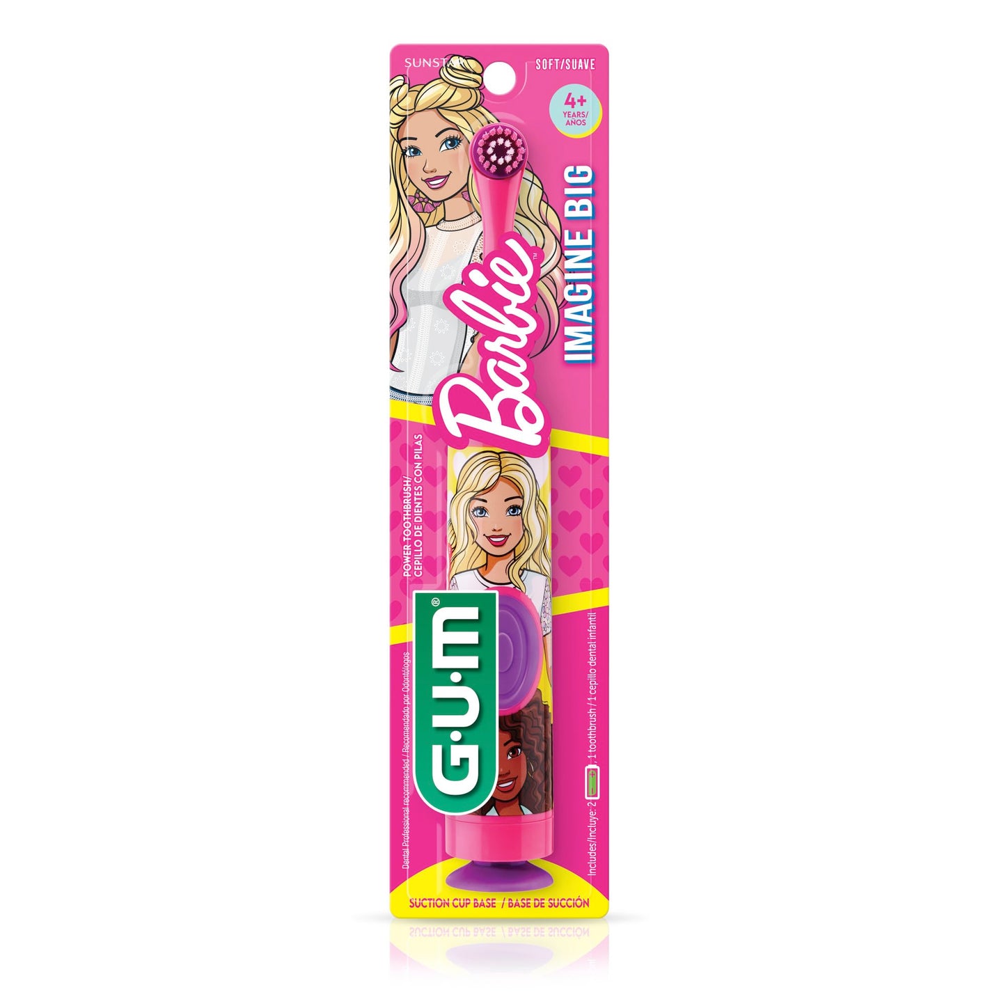 GUM Barbie Kids Battery Power Electric Toothbrush with Suction Cup Base for Home or Travel Oral Health and Dental Plaque Removal, Ages 3+, 1ct(4Pk)