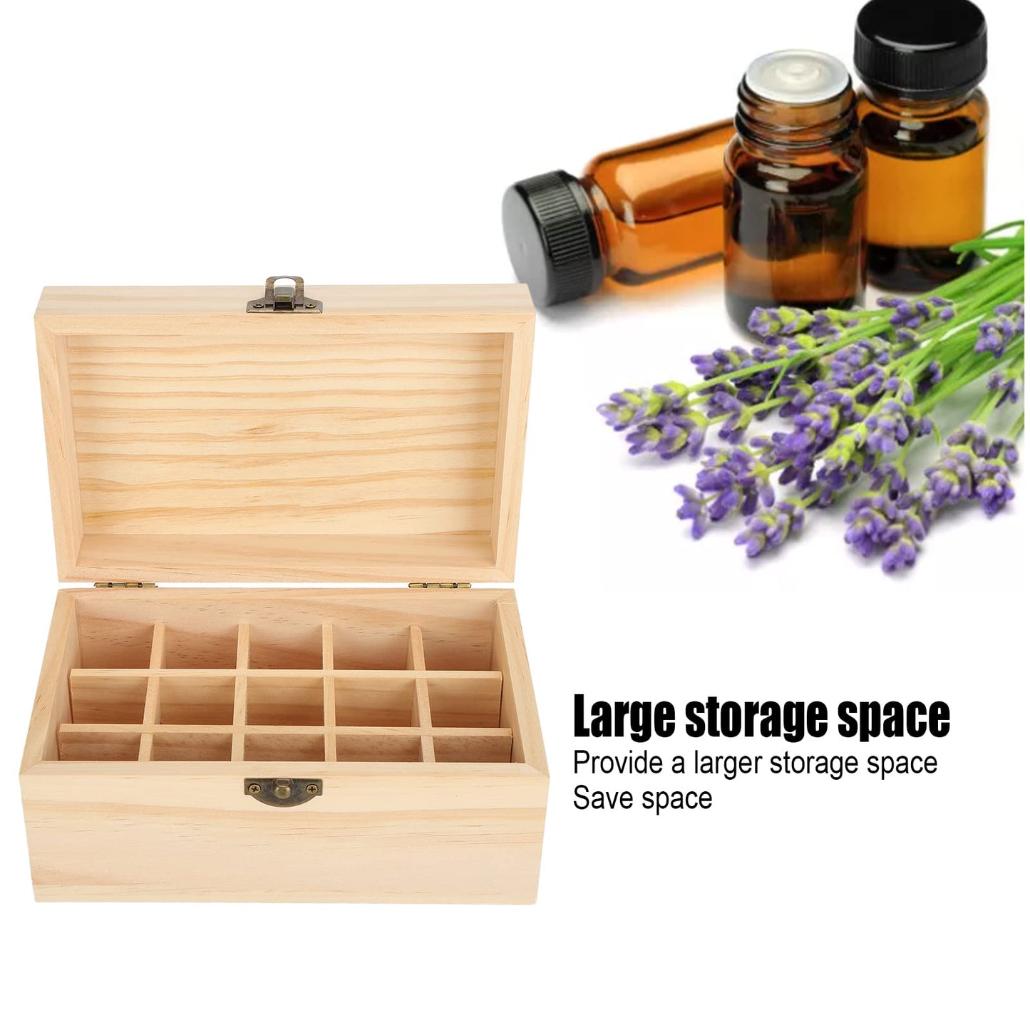 FILFEEL Wooden Essential Oil Bottle Storage Box, Large Capacity 15 Slot Essential Oil Storage Case Pine Wood Essential Oils Organizer Holder for Home, 18.2 x 11.5 x 9 cm