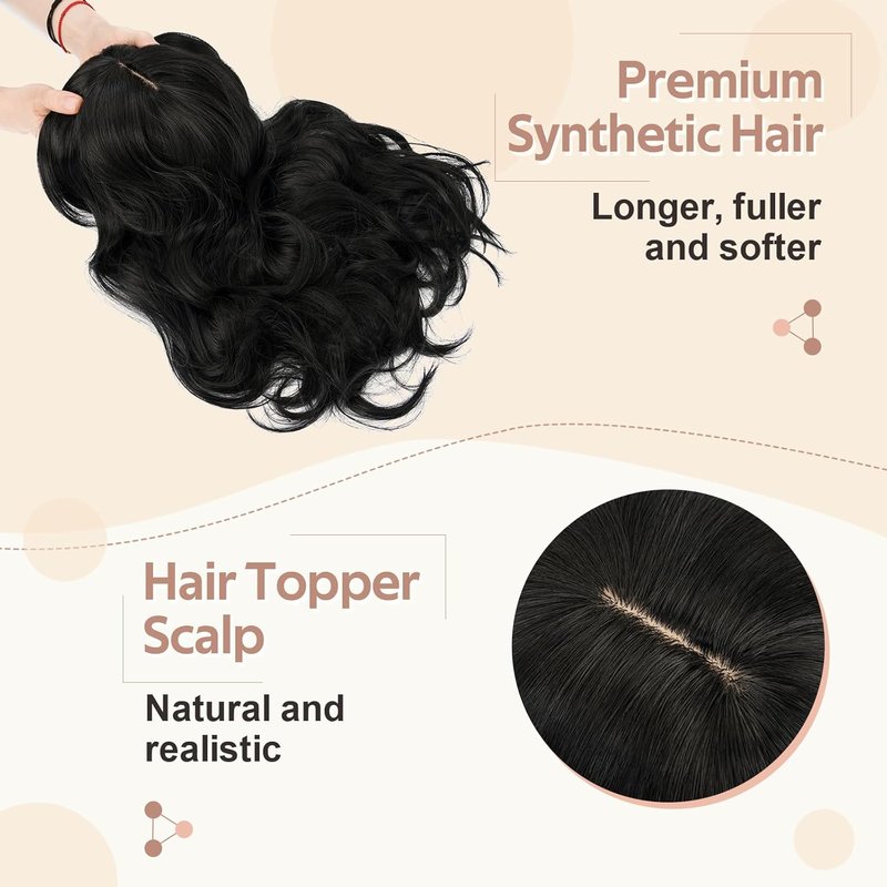 Synthetic Hair Topper for Women - 6"x6" Lace Base, Covers Gray & Thinning Hair | Soft Natural Wavy, 18" Jet Black