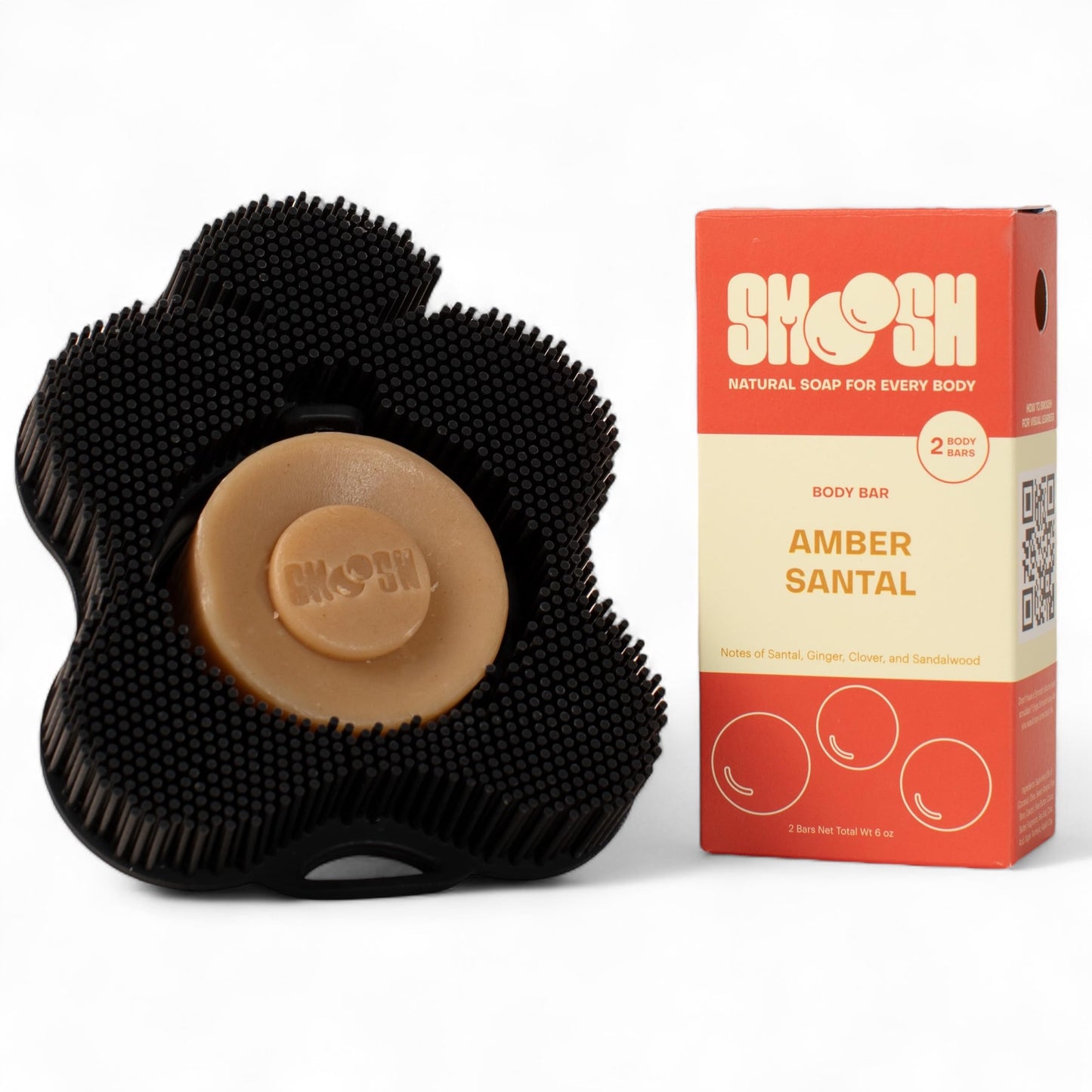 Smoosh® Body Scrubber, Black & 2-Count Bar Soap, Amber Santal - Silicone Body Scrubber with Embedded Bar Soap for Shower Exfoliation and Cleansing