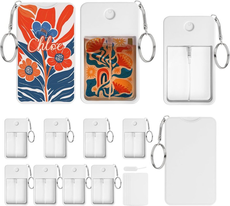 Sublimation Blanks Perfume Spray Bottles - 12 Pack 1FL OZ | White Portable Refillable Travel Sprayers with Key Ring & 16 Double-Sided Aluminum Sheets for DIY