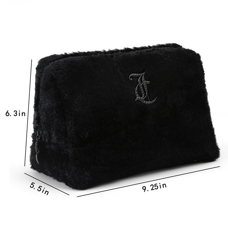 Juicy Couture Black Makeup Bag Cosmetics Organizer Travel Essentials Zip Top Wedge Faux Fur Rhinestone