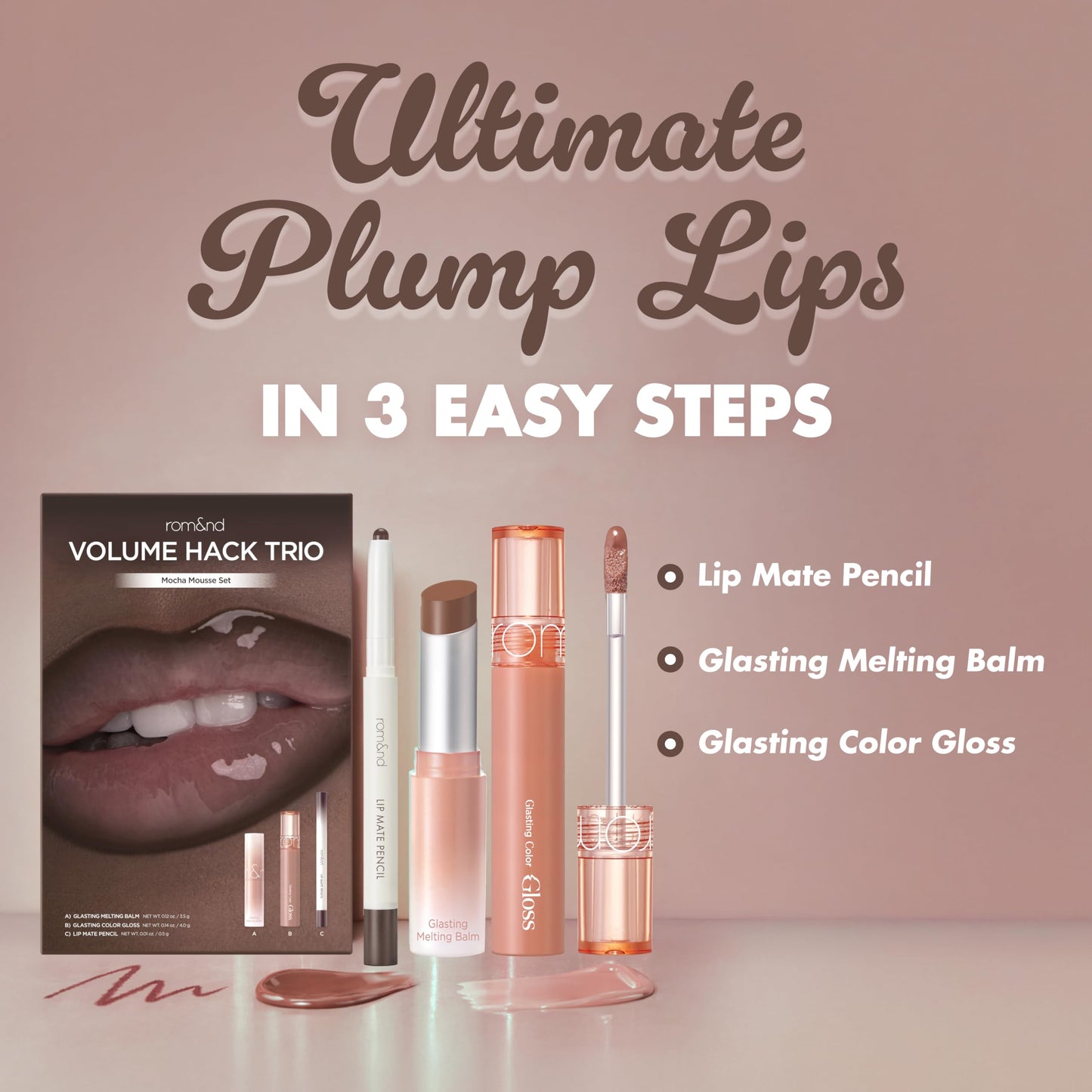 rom&nd Volume Hack Trio | 3-Step Plumping Lip Combo Set | Korean Lip Kit | Hydrated & Glossy Look | Trending on TikTok | Fuller Looking Finish | Mocha Mousse Set