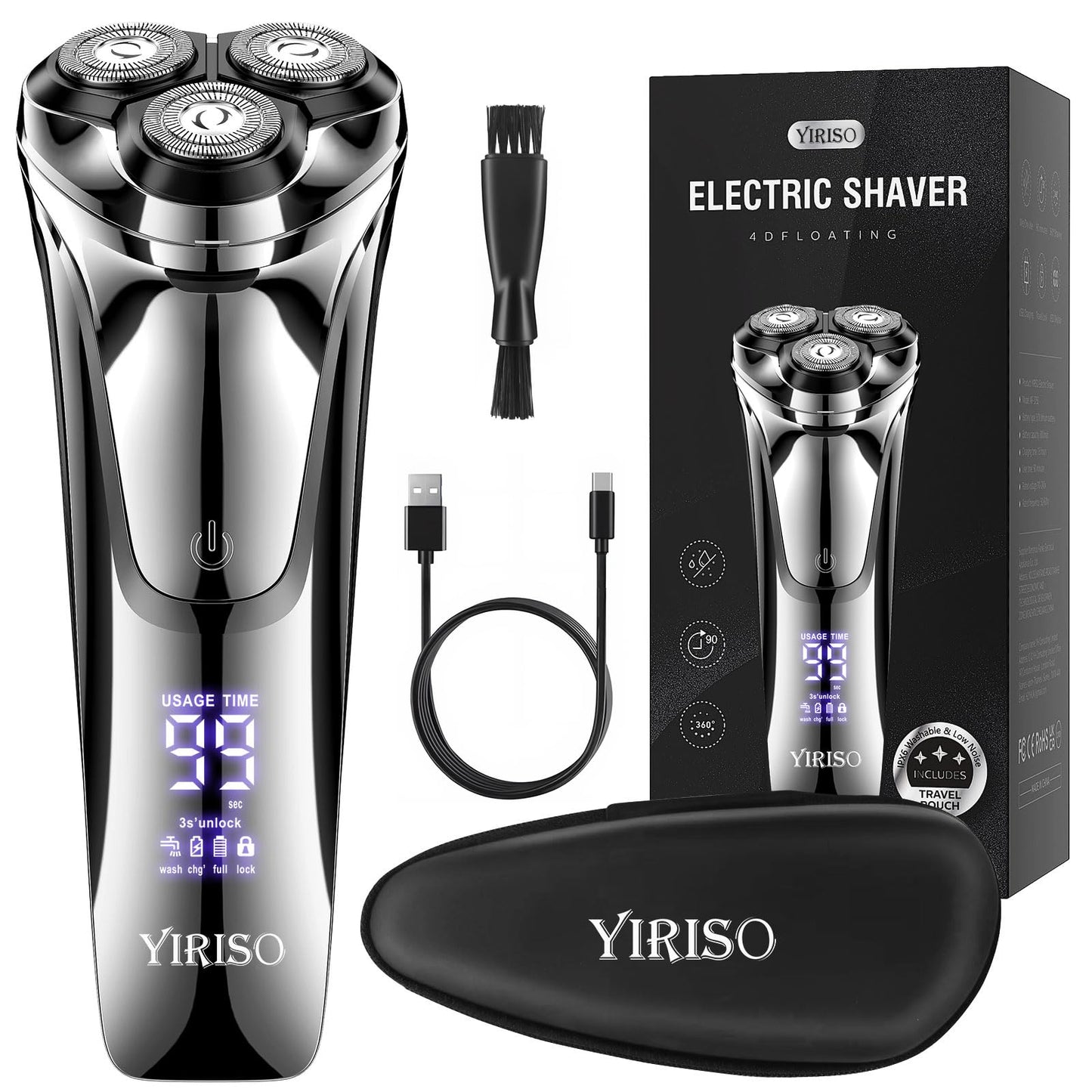 YIRISO Electric Razor for Men, 90Min Long-Lasting Rotary Shaver with 4D Floating Head & LCD Display, Ultra Smooth for Sensitive Skin, IPX6 Waterproof, USB-C Fast Charge, with Travel Case - Ideal Gift