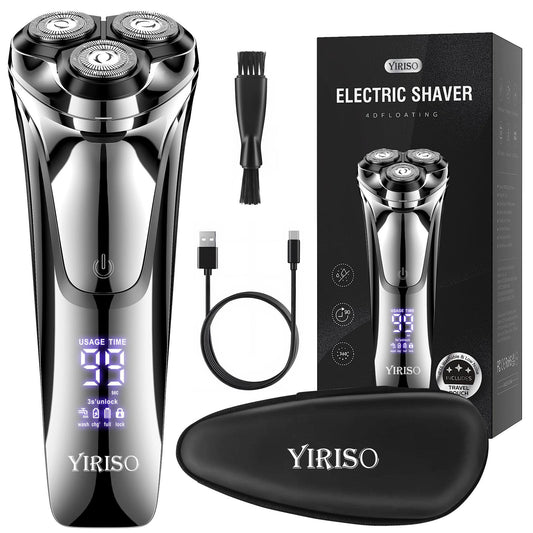 YIRISO Electric Razor for Men, 90Min Long-Lasting Rotary Shaver with 4D Floating Head & LCD Display, Ultra Smooth for Sensitive Skin, IPX6 Waterproof, USB-C Fast Charge, with Travel Case - Ideal Gift