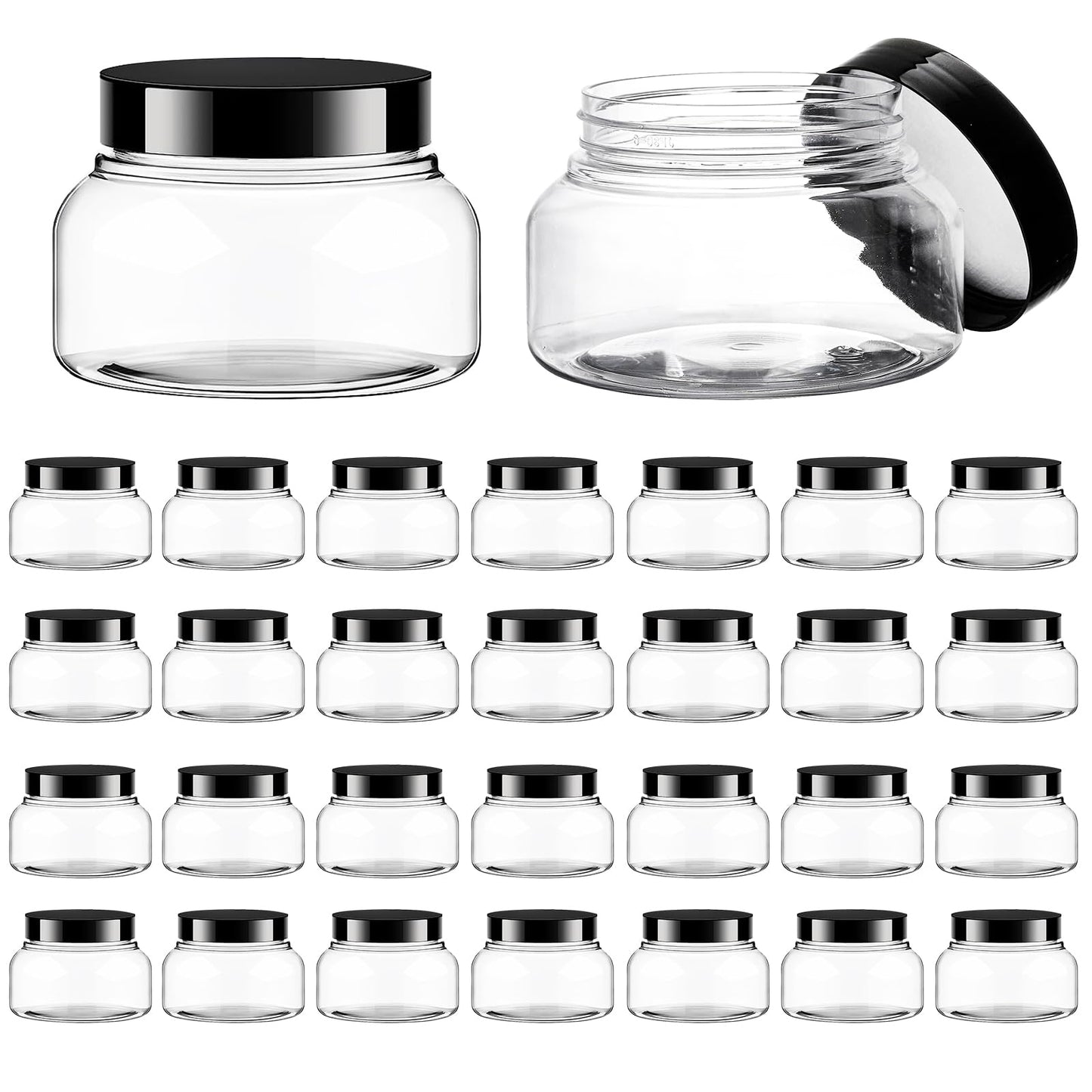 30 Pack Clear Body Scrub Jars, 8oz Clear Plastic Jars with Lids, Sugar Scrub Containers Empty Refillable Containers Round Low Profile Samples Jar for Makeup, Body Butter, Creams, Travel Storage