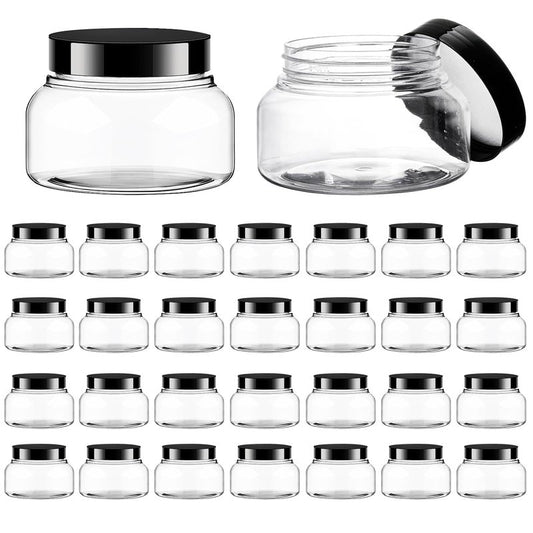 30 Pack Clear Body Scrub Jars, 8oz Clear Plastic Jars with Lids, Sugar Scrub Containers Empty Refillable Containers Round Low Profile Samples Jar for Makeup, Body Butter, Creams, Travel Storage