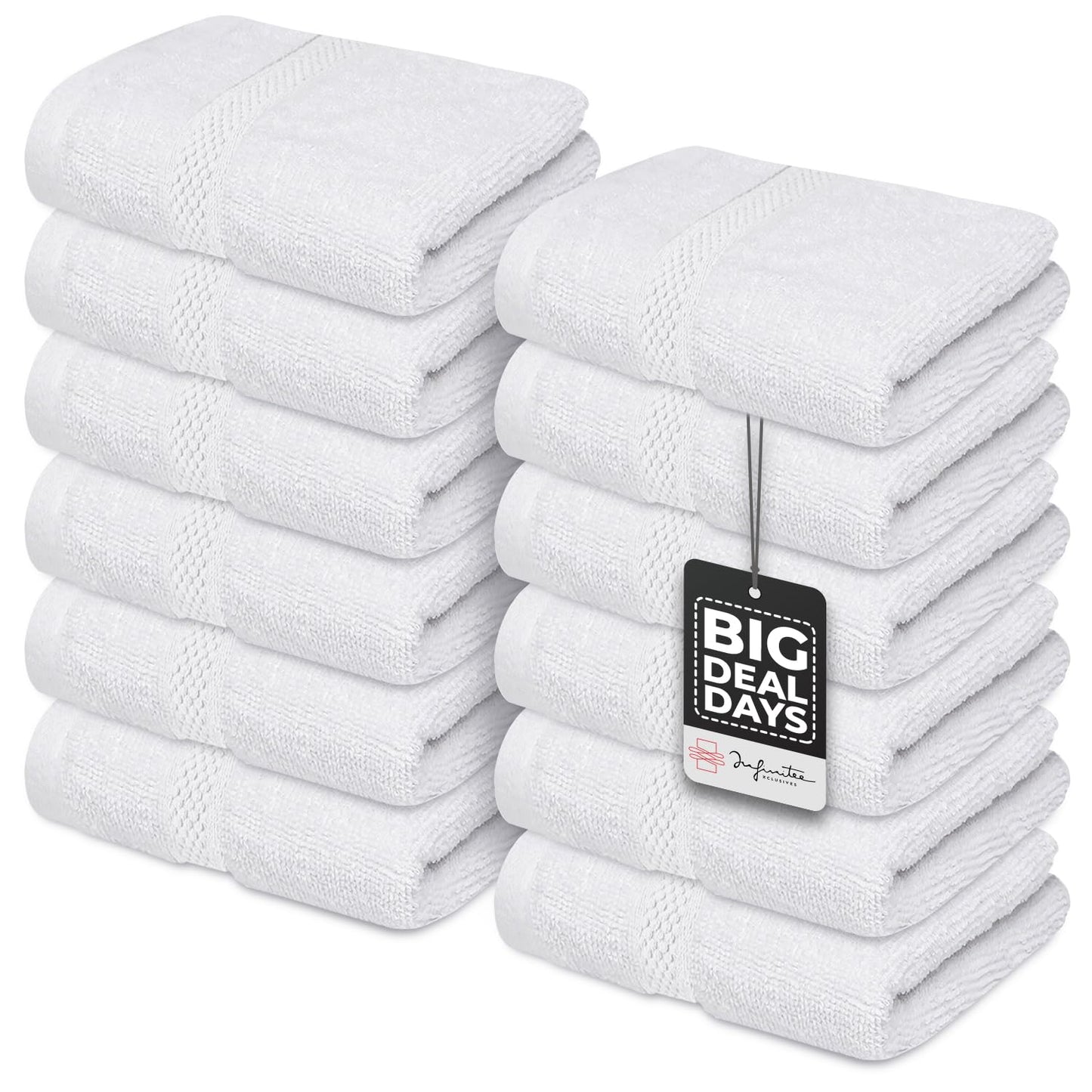 Infinitee Xclusives Premium White Hand Towels 6 Pack, 16x28 Inches, Hotel and Spa Quality + Washcloths Set – Pack of 12, 13x13 Inches 100% Cotton Wash Cloths for Your Body and Face Towels