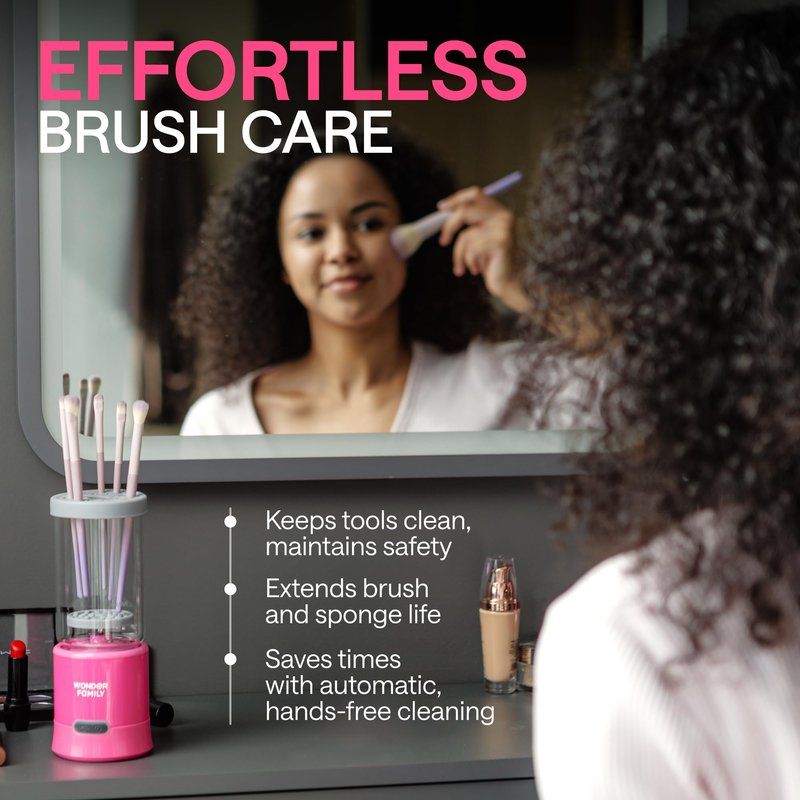 Electric Makeup Brush Cleaner – Automatic Brush Washer for Brushes & Sponges, USB Rechargeable Cleaning Machine with Silicone Disk, Portable Holder Stand (Pink) (Pink)
