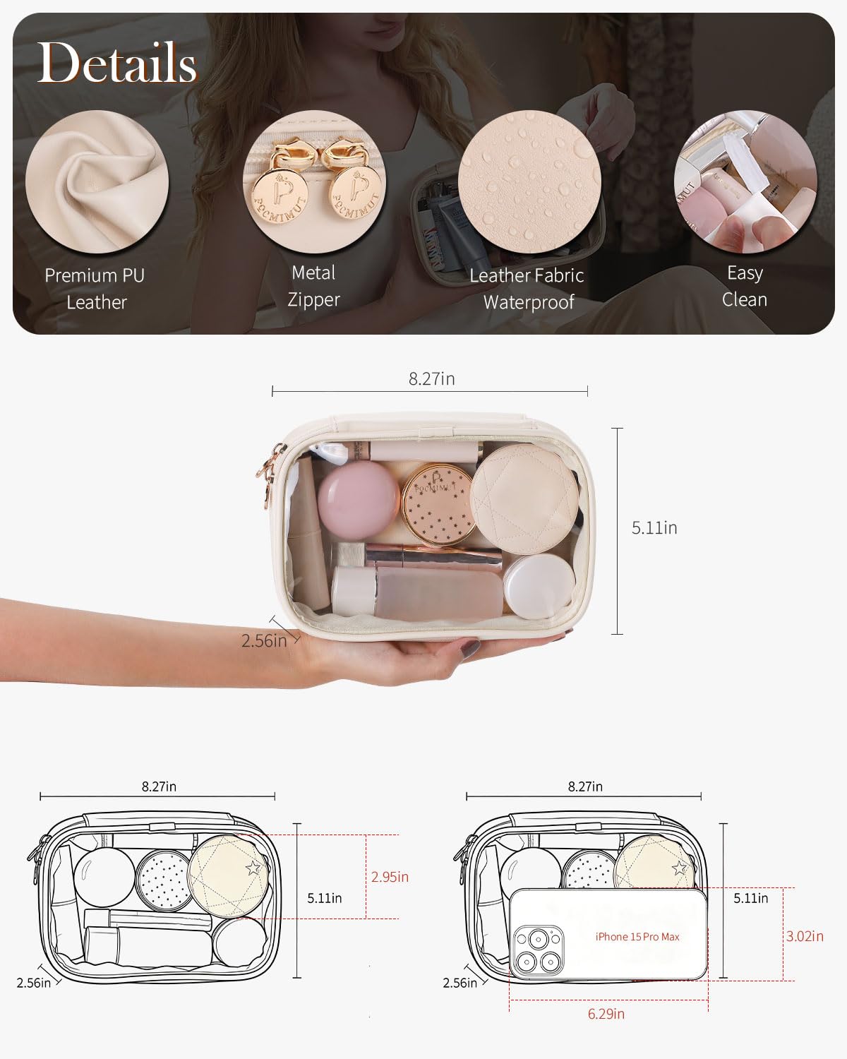 Pocmimut Clear Makeup Bags,Small Makeup Pouch with Large Cosmetic Bag Toiletry Bag Car Accessories Storage for Women,Travel Essentials Organizers,Beige
