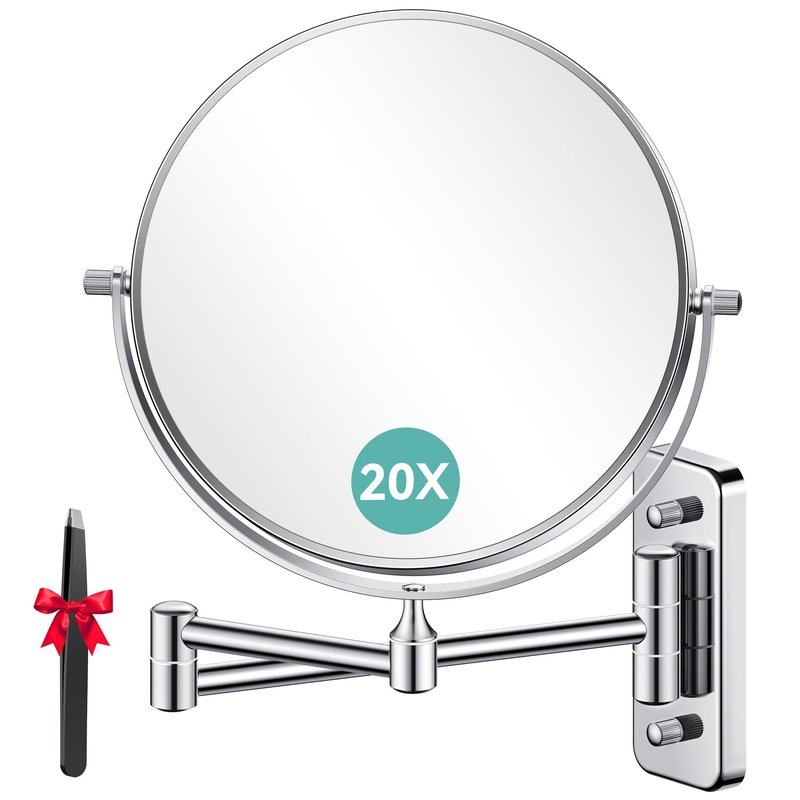Auxmir 8'' Wall Mounted Makeup Mirror, 1X/20X Double-Sided Magnifying Mirror with Tweezer, HD Bathroom Makeup Mirror, Cosmetic Vanity Mirror with 360 Rotation Extendable Swivel Arm, Chrome