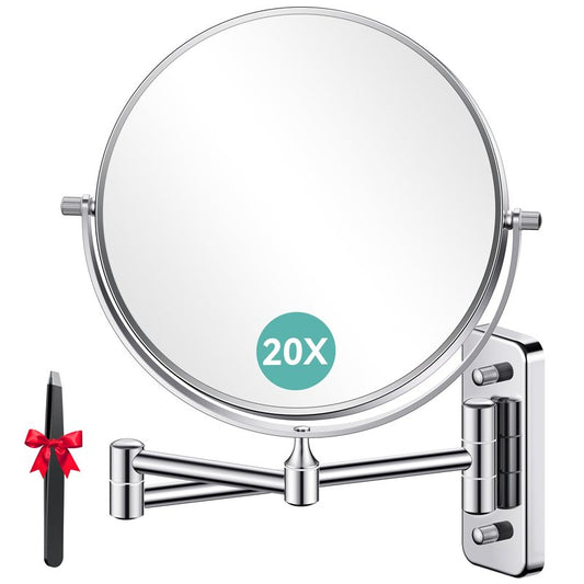 Auxmir 8'' Wall Mounted Makeup Mirror, 1X/20X Double-Sided Magnifying Mirror with Tweezer, HD Bathroom Makeup Mirror, Cosmetic Vanity Mirror with 360 Rotation Extendable Swivel Arm, Chrome