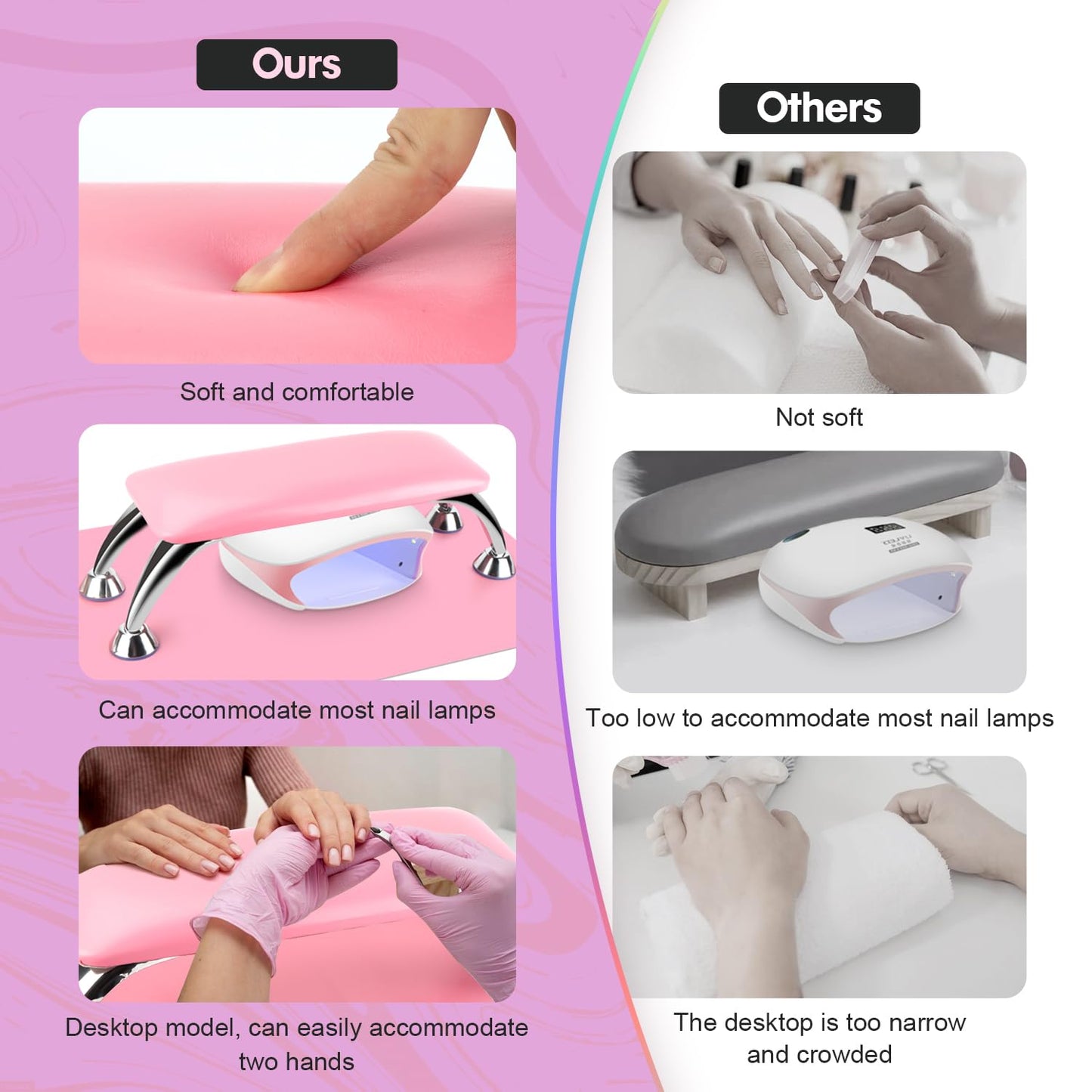 Arm Rest for Nails Tech with Table Mat for Salons and Home Manicures, Soft Microfiber Leather Nail Hand Rest for Relaxing Arms, Non-slip Height Hand Pillow Cushion Nail Salon Manicure (Pink)