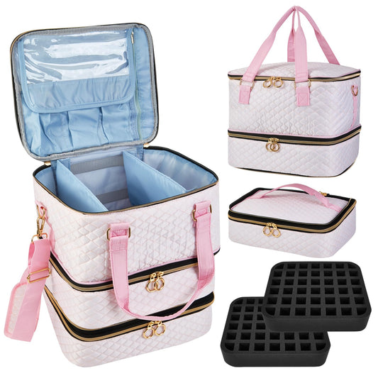 Cheungren Nail Polish Organizer Case - Three Layer Nail kit Storage Bag with Adjustable Dividers Holds 84 Bottles Nail Polish Nail Lamp Nail Kit Supplies Organizer Box - Pink