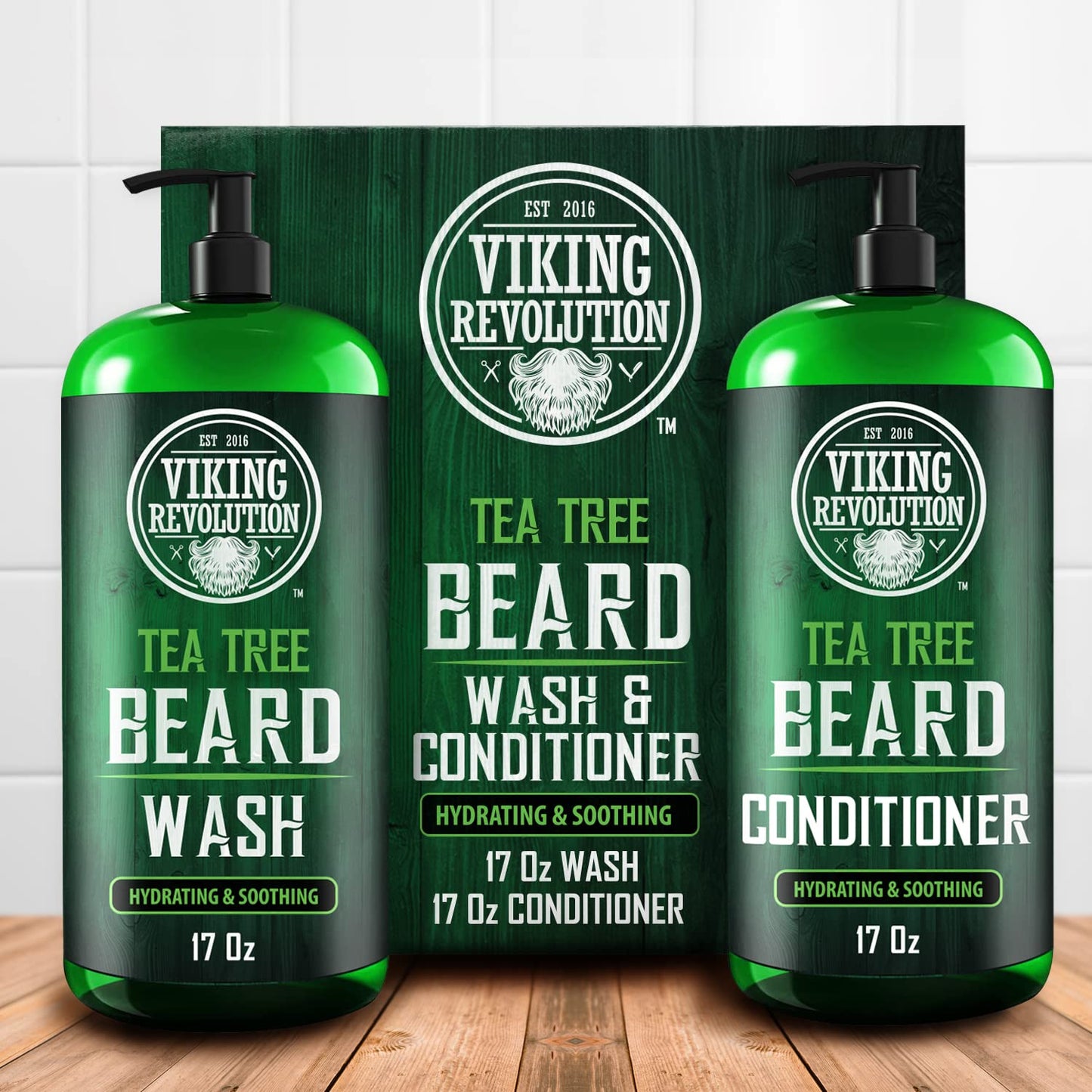 Viking Revolution Tea Tree Oil Beard Wash & Conditioner Set - Natural Softener with Argan Oil, Vitamin E & Ginseng | 17 Oz