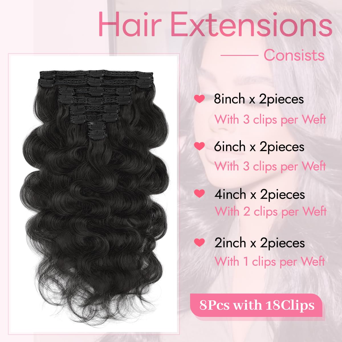 Tandulo Clip in Hair Extensions Real Human Hair Body Wave 1B Natural Black Clip in 100% Brazilian Remy Human Hair Extensions 8pcs Per Set with 18 Clips Double Weft 16 Inch 90g/3.6oz