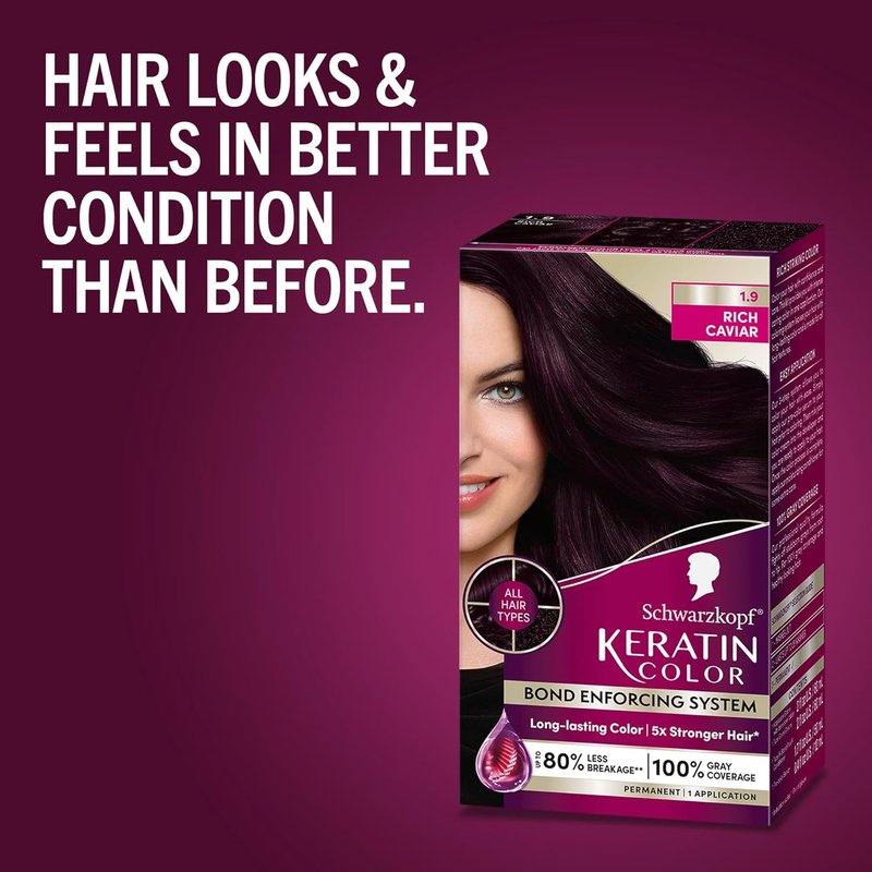 Schwarzkopf Keratin Hair Dye Cream - 1.9 Rich Caviar | Professional Gray Coverage & Bond Enforcing System