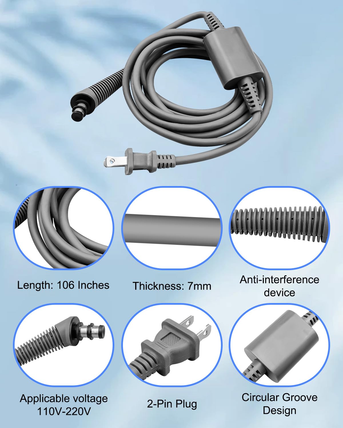 Curly Hair Rod Power Cord Fit for Dyson HS01 Airwrap Hair Styler, 106" Curling Iron AC Charger Replacement Cable, Curler Hair Roller Adapter Plug Line Repair Set