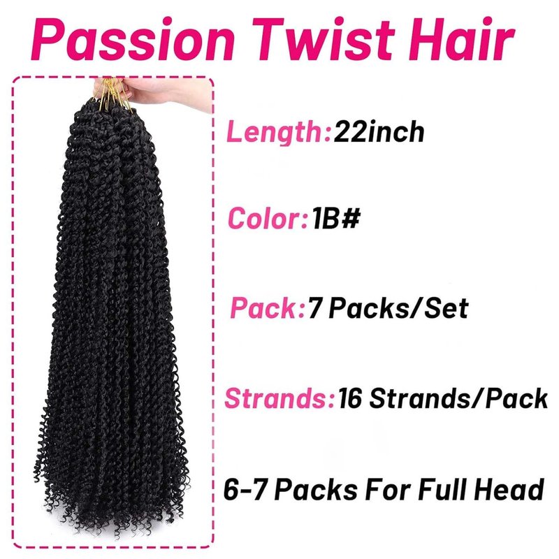 Dorsanee Passion Twist Hair 22 Inch 7 Packs Water Wave Crochet Hair Long Bohemian Curly Braiding Hair for Butterfly Locs, Faux Locs, Boho Style Spring Twist Crochet Braids (1B#)