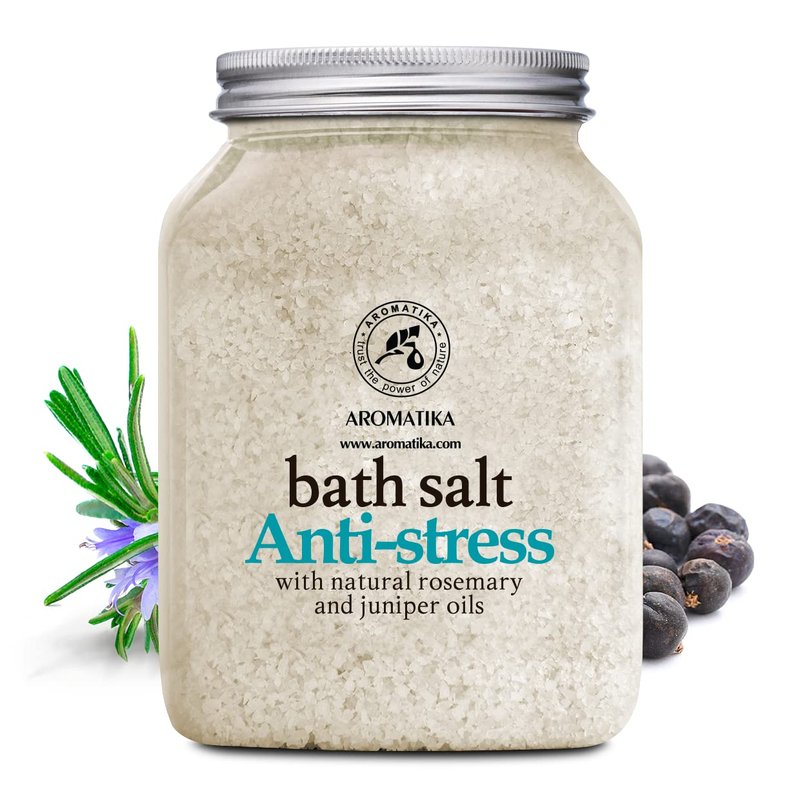 De-Stress Bath Salt 46 Oz - 100% Natural & Pure Salt Essential Oils Rosemary & Juniper - Best for Good Sleep - Relaxing - Calming - Body Care - Beauty - Aromatherapy - Stress Relief