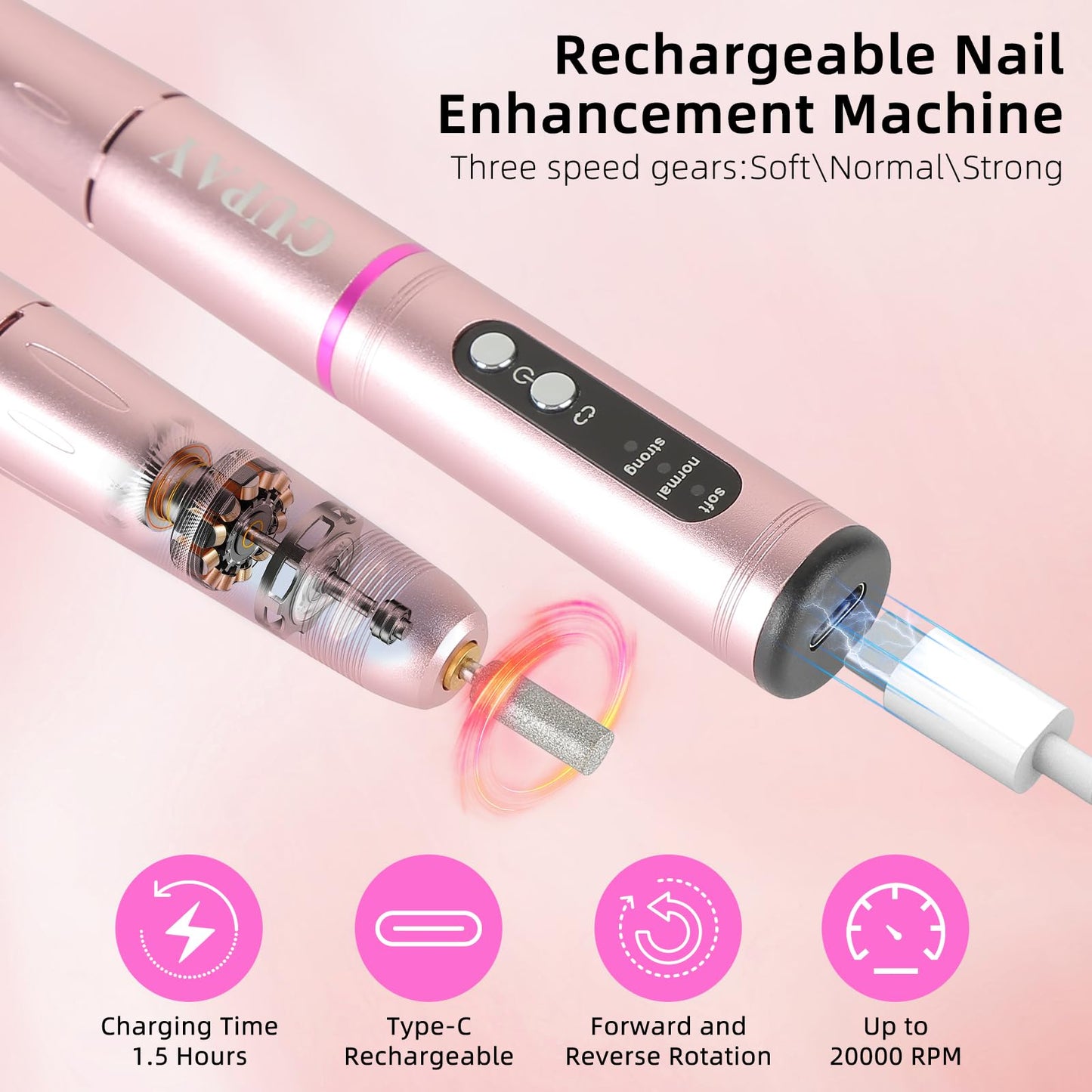 GUPAY Cordless Nail Drill Kit - 20000RPM Rechargeable Electric Manicure File for Gel Acrylic Natural Nails Portable Efile Tool Women Beginners Home Use Salon Spa Essentials (Purple)