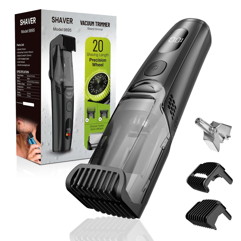 kurtmark Vacuum Beard Trimmer for Men, Rechargeable Electric Mens Beard Trimmer with Adjustable Length Comb (1-20mm)