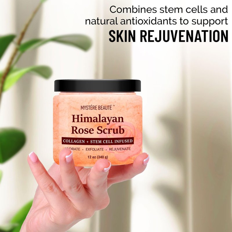 MYSTÉRE BEAUTÉ Himalayan Salt Body Scrub Twin Pack (12 oz x 2) - with Collagen, Rose Oil & Stem Cells - Exfoliating Scrub for Cellulite, Acne & Stretch Marks - Natural Skin Care Gift Set