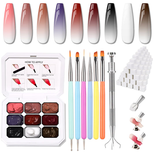 Ombre Nail Gel Set - 9 Colors Sponge Pat Paint for Floral Nail Art, No Wipe, UV/LED Curing