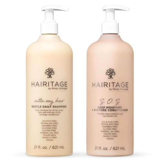 Hairitage Gentle Daily Moisture Shampoo and Conditioner Set - Split End + Bond Strengthening for Dry, Damaged Hair with Jojoba Oil - Anti-Frizz and Color Safe - Cherry + Amber Scent (21oz. 2-pack)