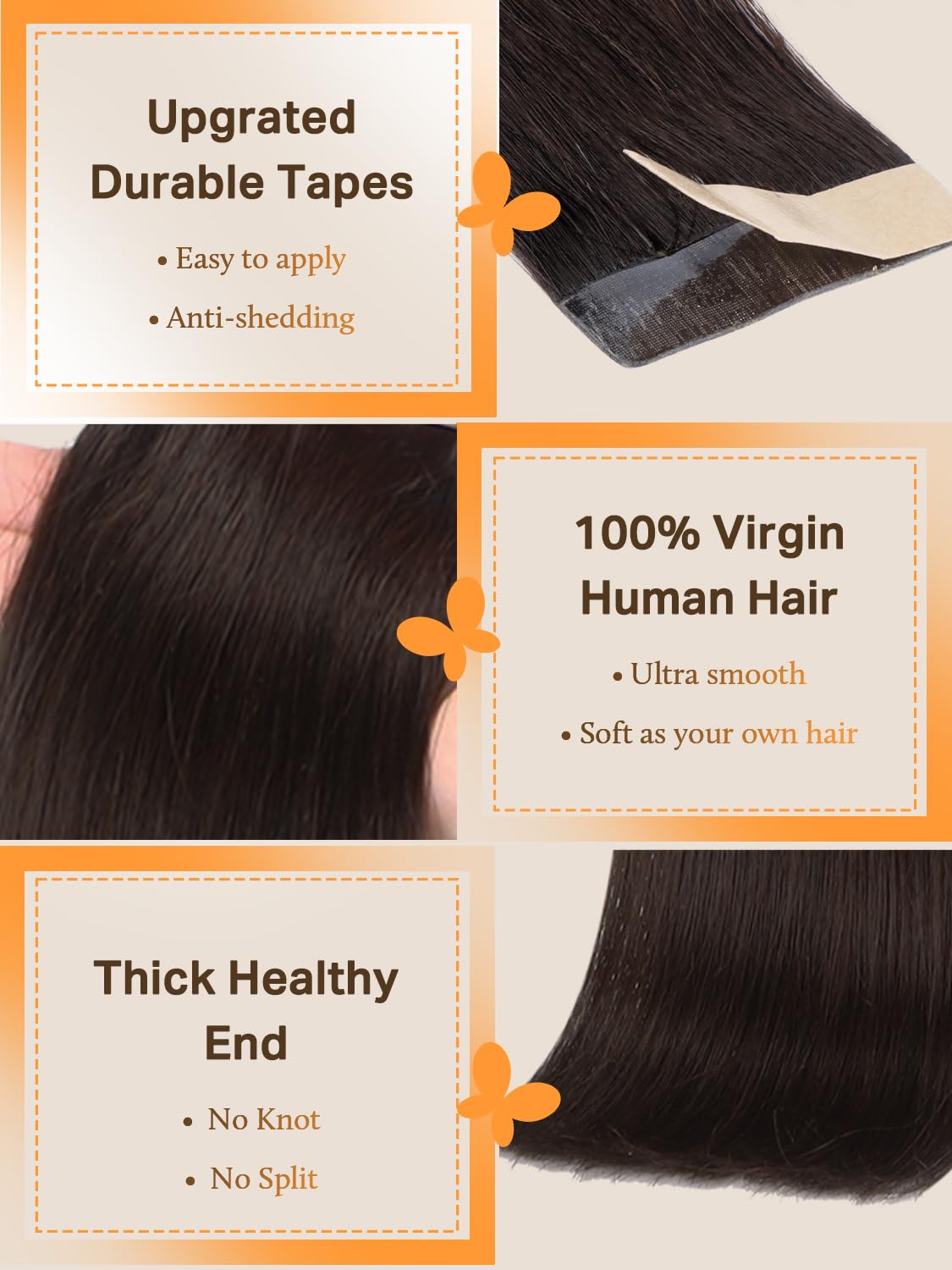DOORES Tape in Hair Extensions Human Hair, 20 Inch 50g 20pcs Dark Brown, For Everyday Wear, Skin Weft Seamless Real Remy Straight Tape ins For Fine Thin Add Volume