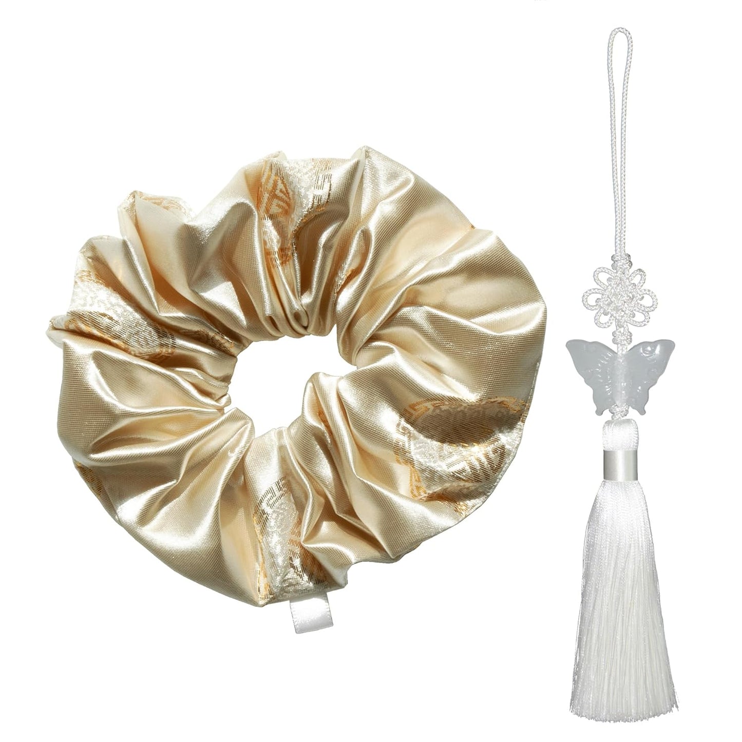Handmade Korean Scrunchies for Women - Soft Beige Ball Tassel Hair Accessory | Sabang Shin Hanbok