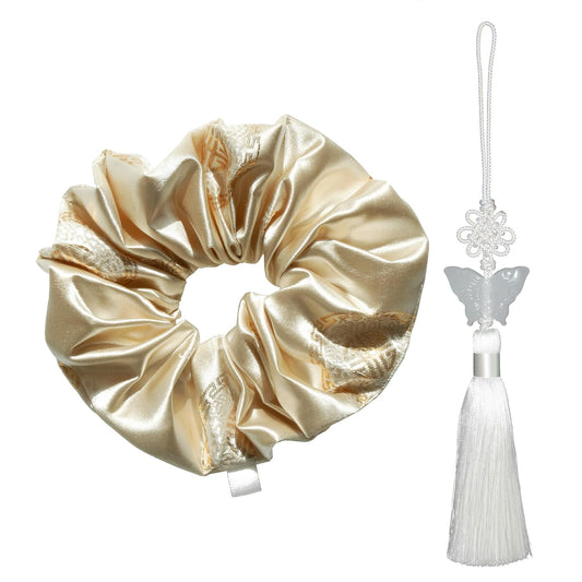 Handmade Korean Scrunchies for Women - Soft Beige Ball Tassel Hair Accessory | Sabang Shin Hanbok