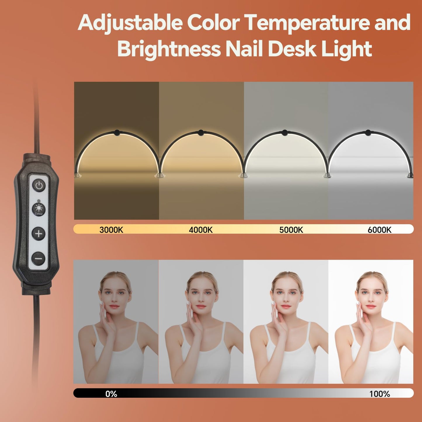 Yesibeike Half Moon Light for Nail Desk with Phone Stand,28 Inches 48W, 3 Color Temperature Adjustable & Dimmable for Eyelash Tech, Makeup, Tattoo, Spa, Salon，Manicure Nail Art Fill Light(Black)