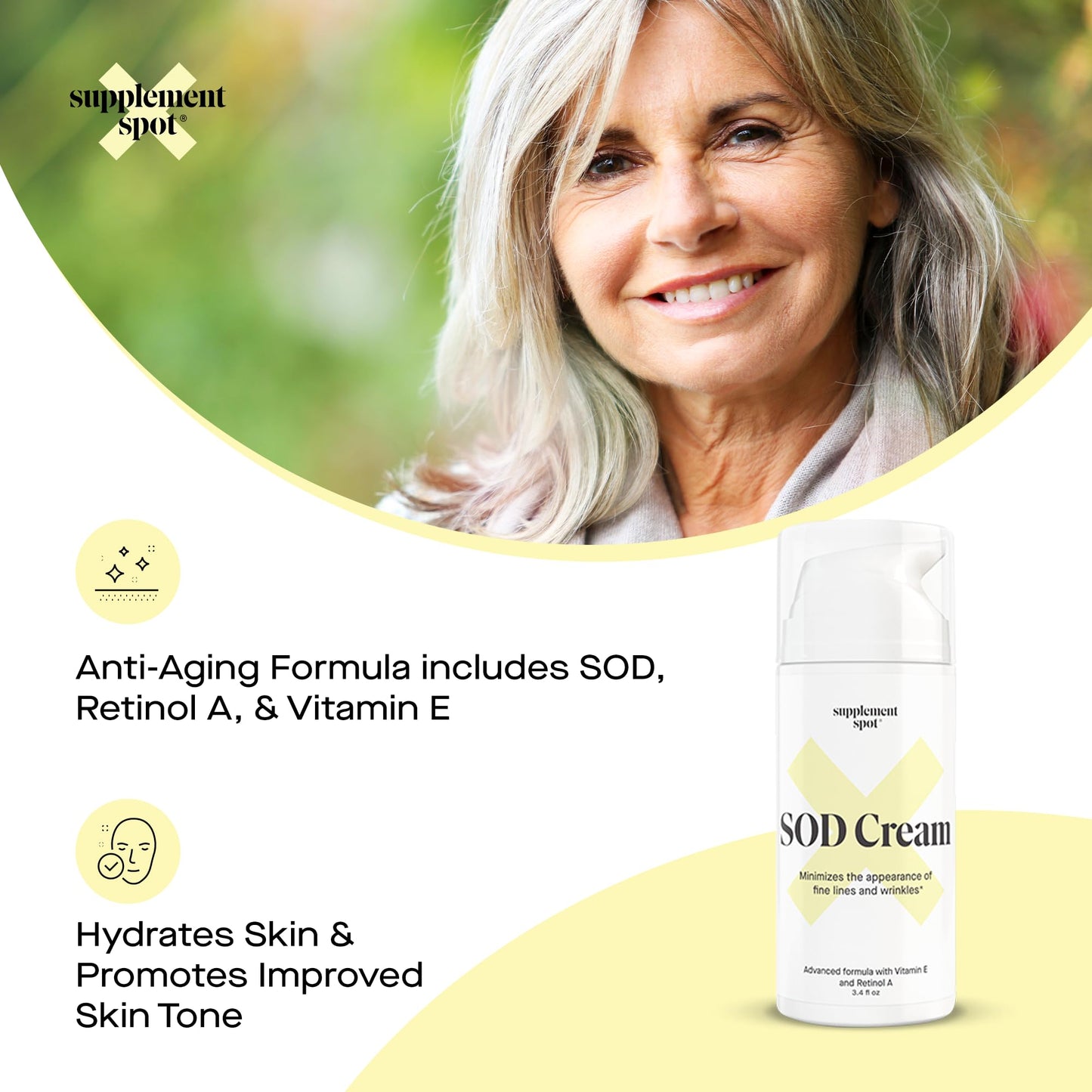 Supplement Spot Superoxide Dismutase (SOD) Anti-Aging Cream - Face Moisturizer for Fine Lines & Wrinkles, Smooth & Firm Skin, Youthful Glow, Antioxidant-Rich Skincare, (3.4 oz 2 Pack)