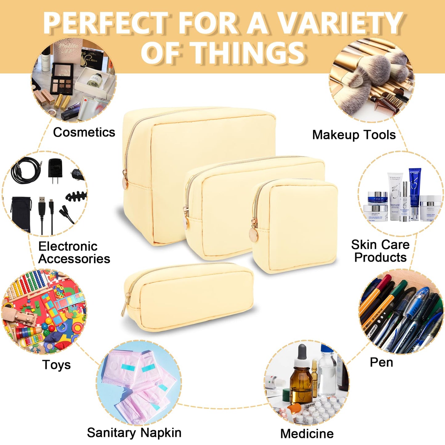 UIXIZQ Large Makeup Bag Pouch,Nylon Women Travel Toiletry Storage Bag Preppy Cosmetic Bag for Girls,Big Makeup Organizer Bag Cute Zipper Pouch Skincare Bag for Sport Work Gift(Large-Sand)