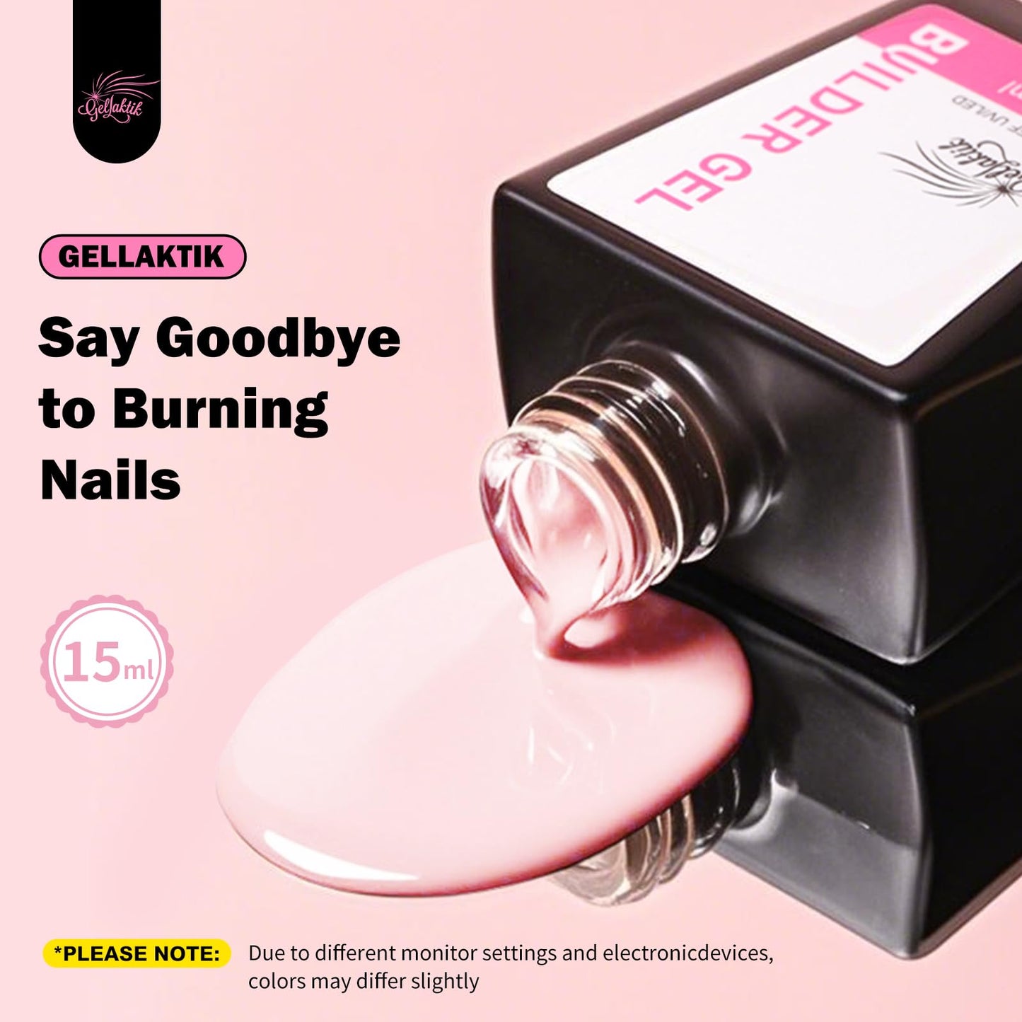 GELLAKTIK Builder Gel for Nails, 15ml 7 in 1 Builder Gel Nail Polish, LED Lamp Cured for Clear Rubber Base & Strengthener Extensions, Thickening, Repair, Salon-Quality DIY Manicure (Pink)