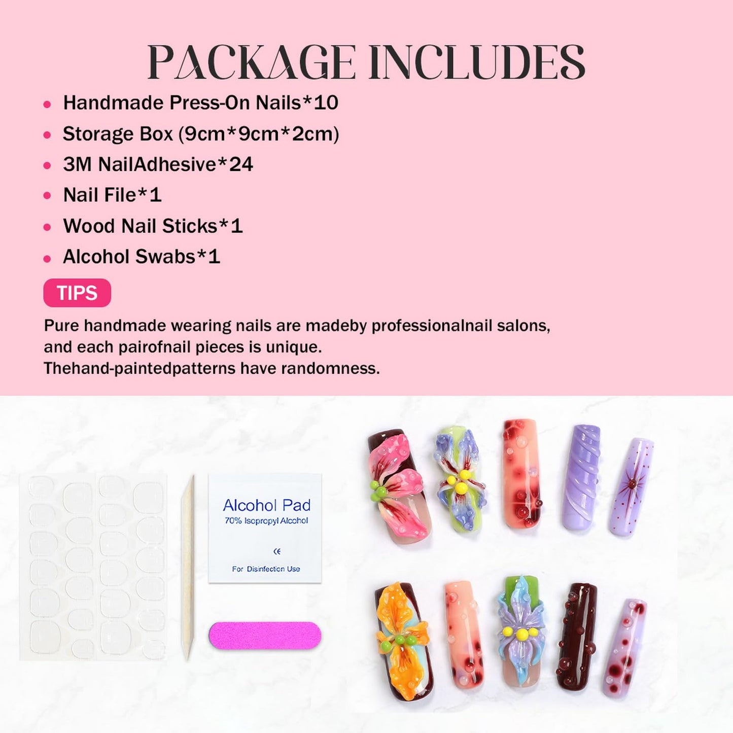 Handmade Flower Press On Nails - Gradient Floral 3D Waterdrop Design | Long Coffin Multicolor Acrylic Nails (Size M)