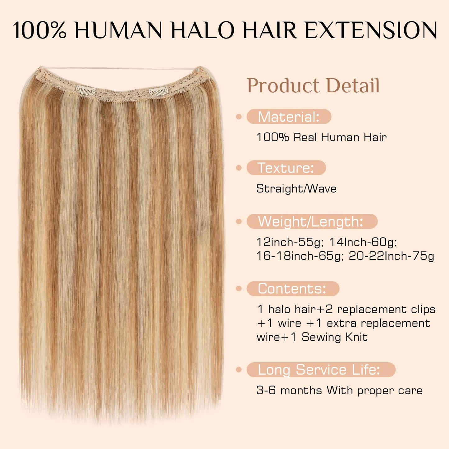 Rich Choices Halo Hair Extensions Real Human Hair Remy Hairs Halo Extension for Women Invisible Wire One Piece Clip in Hairpiece 16 Inch Straight-#12P613 Golden Brown Highlight Bleach Blonde